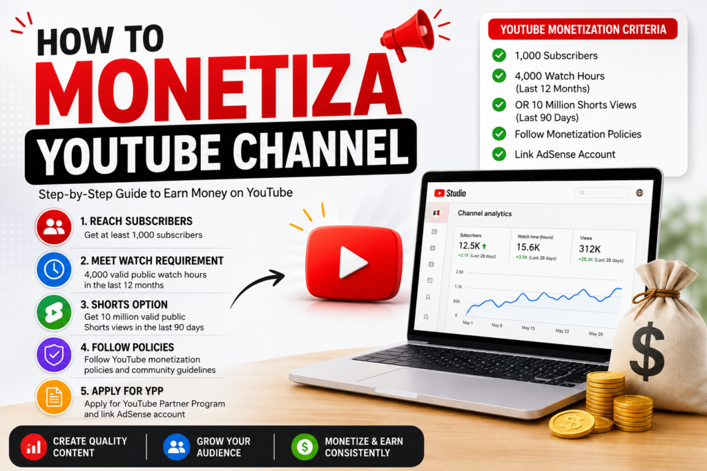 How to monitetiza YouTube channel with YouTube monetization criteria, including subscribers, watch hours, Shorts views, YPP, and AdSense.