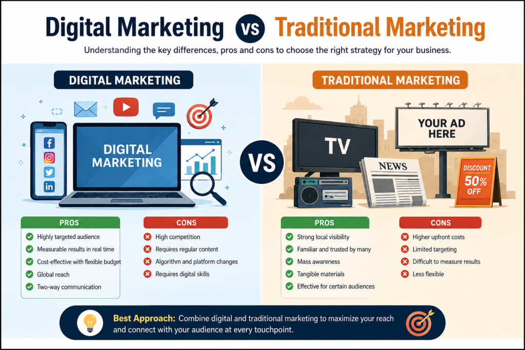 Digital marketing vs traditional marketing infographic comparing their key differences, pros, cons, channels, audience reach, measurement, and benefits of combining both strategies