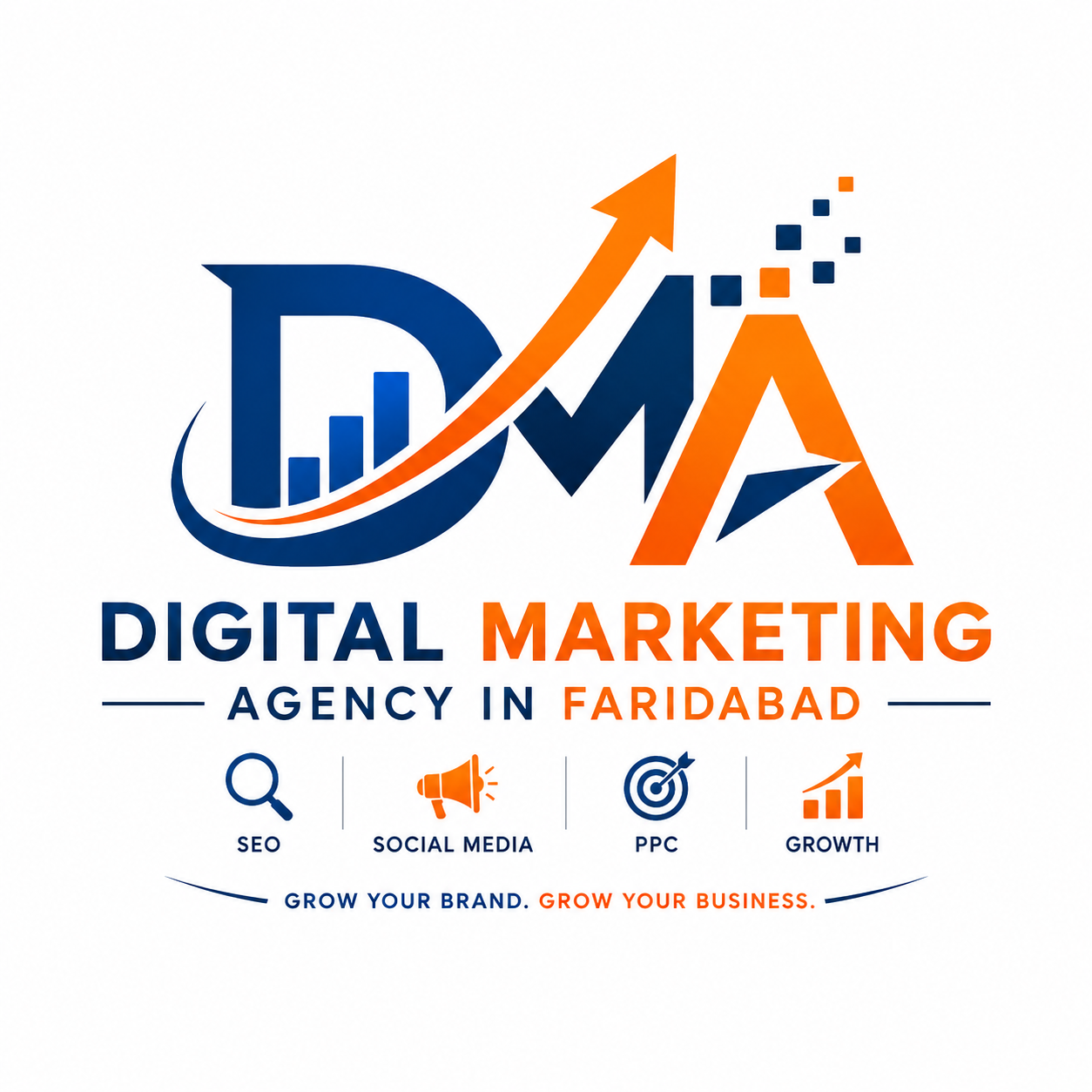 Digital marketing agency in Faridabad logo with SEO, social media, PPC, and business growth icons