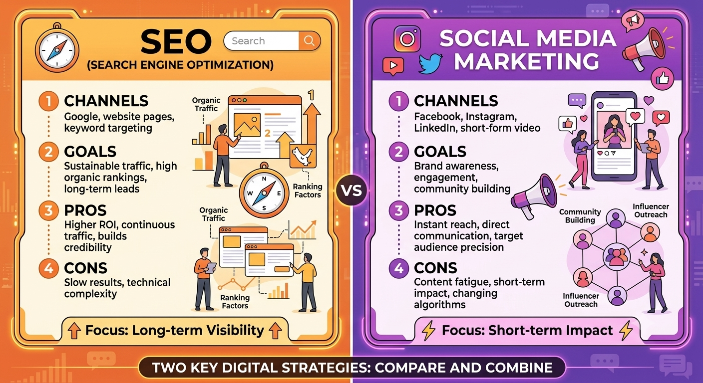 seo vs social media marketing comparison infographic