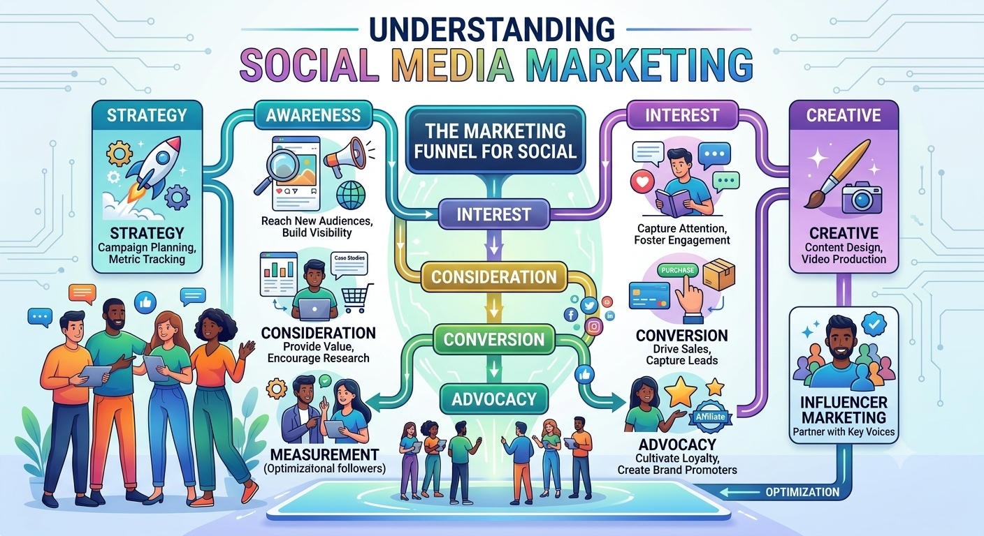 Here is the Alt Text for the image:
`An educational infographic titled "WHAT IS SOCIAL MEDIA MARKETING?" illustrating core components (Platforms, Content, Engagement, Targeting, Analytics), benefits (Brand Awareness, Audience Reach), and goals (Website Traffic, Lead Generation, Campaign).`