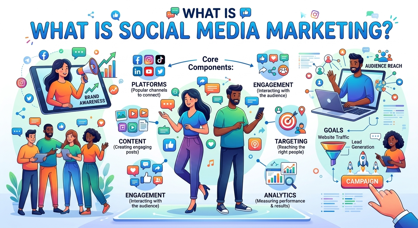 Here is the Alt Text for the image: `An educational infographic titled "WHAT IS SOCIAL MEDIA MARKETING?" illustrating core components (Platforms, Content, Engagement, Targeting, Analytics), benefits (Brand Awareness, Audience Reach), and goals (Website Traffic, Lead Generation, Campaign).`