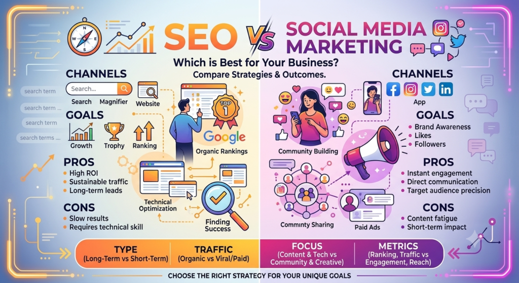 seo vs social media marketing comparison infographic