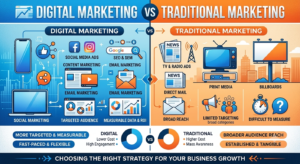 Digital marketing vs traditional marketing pros and cons infographic comparing audience targeting, measurement, cost, reach, engagement, local visibility, and flexibility.