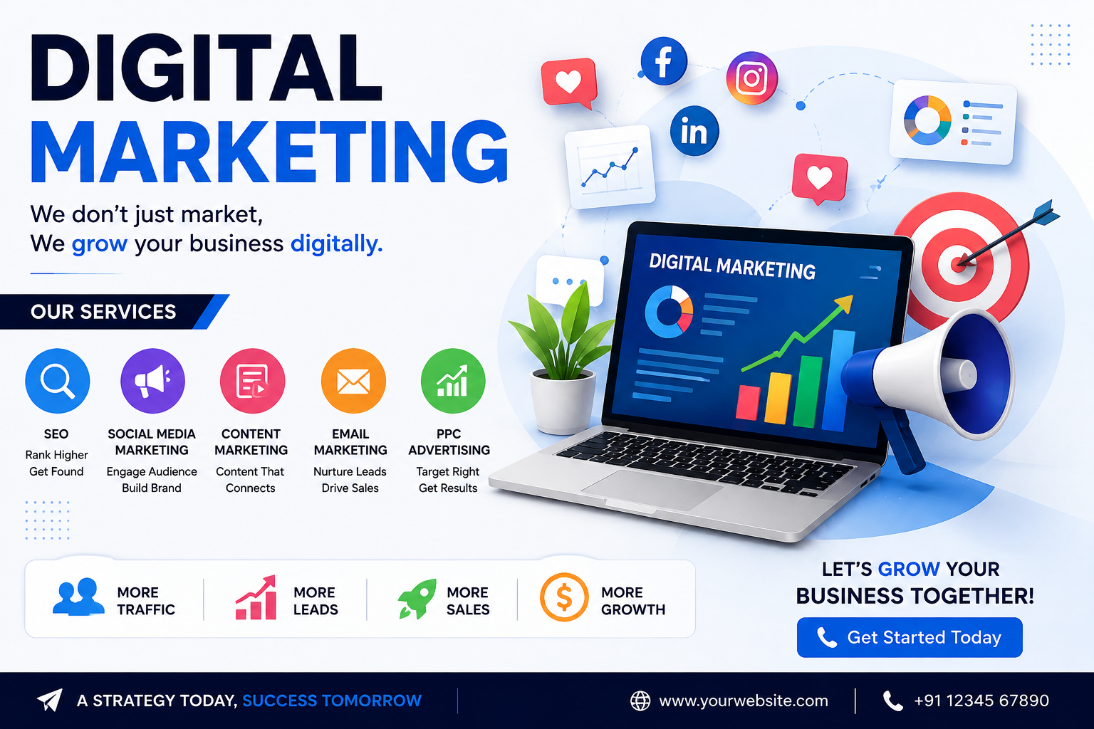Digital marketing infographic featuring SEO, social media marketing, content marketing, email marketing, PPC advertising, analytics, social media icons, a laptop, megaphone, target, and business growth metrics.