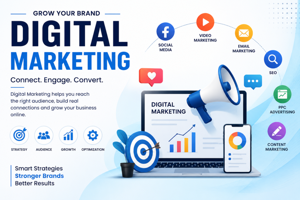 Digital marketing infographic featuring a laptop, smartphone, megaphone, target, analytics charts, and icons for SEO, social media, email marketing, video marketing, PPC advertising, and content marketing, with the message “Connect. Engage. Convert.”