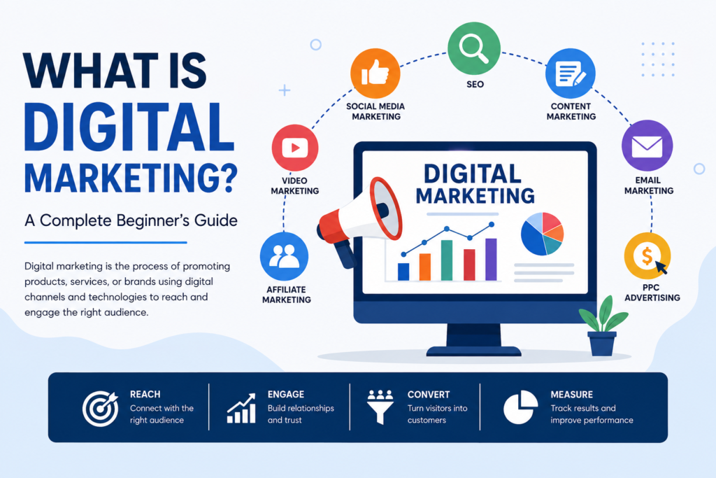 Digital marketing infographic showing SEO, social media marketing, content marketing, email marketing, PPC advertising, video marketing, and affiliate marketing around a digital marketing dashboard.
