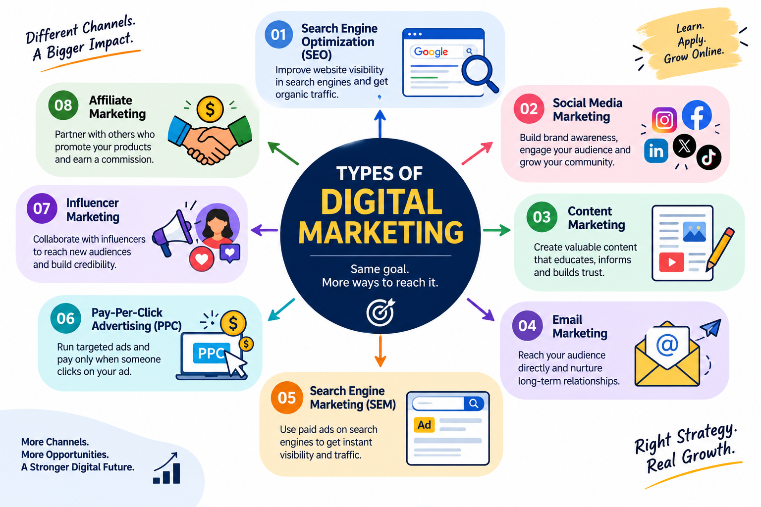 Types of digital marketing infographic showing SEO, social media marketing, content marketing, email marketing, SEM, PPC advertising, influencer marketing, and affiliate marketing.