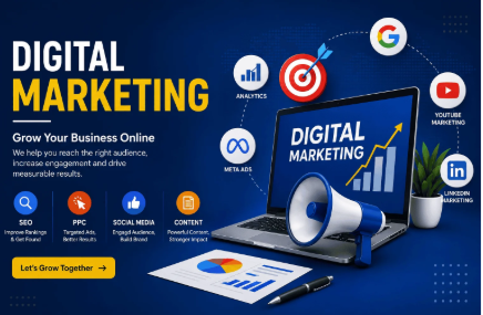 Digital marketing infographic featuring a laptop, target icon, social media platforms, SEO, PPC advertising, social media marketing, content marketing, and analytics and reporting to illustrate online business growth.”